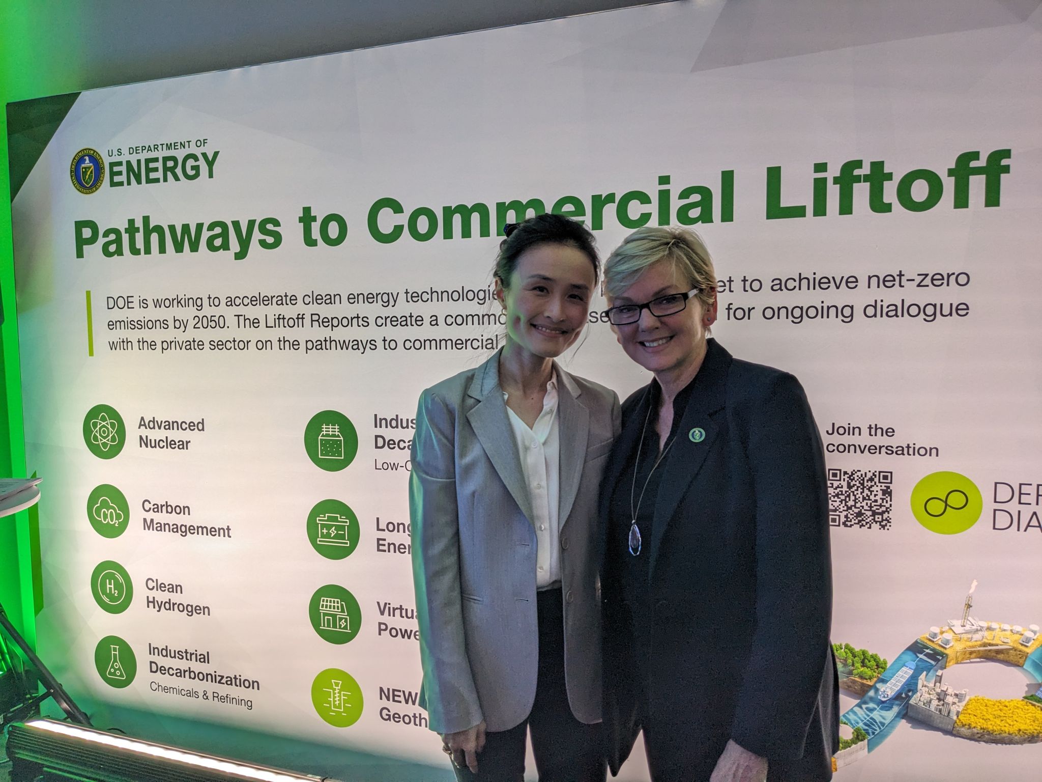 Lucia Tian with Department of Energy Secretary Jennifer Granholm celerating Pathways to Commercial Liftoff reports on clean energy technologies.