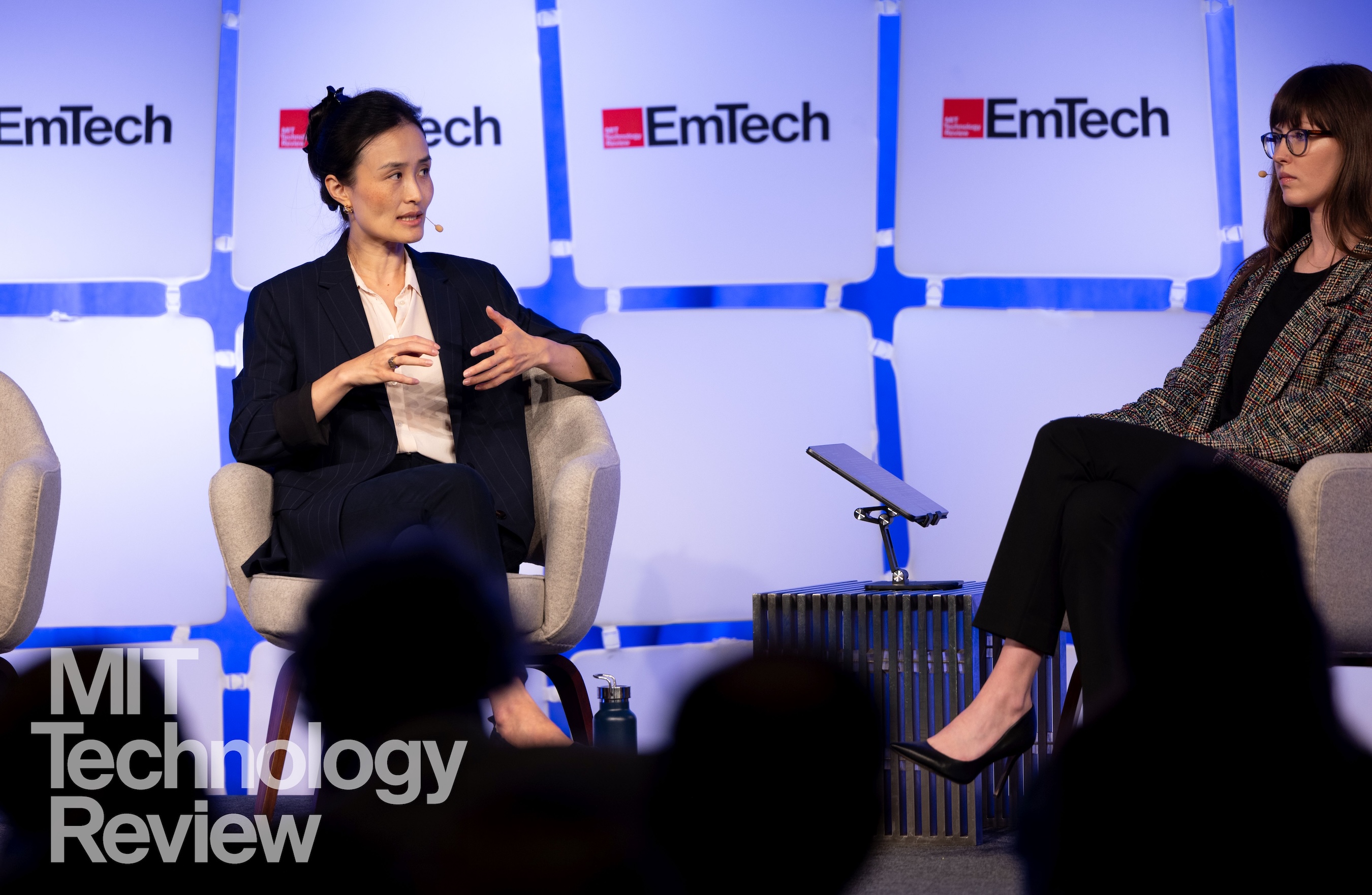 Lucia Tian at speaking at MIT Technology Review's EmTech conference fireside chat on Google's clean energy work to enable AI and data center growth with Casey Crownhart.